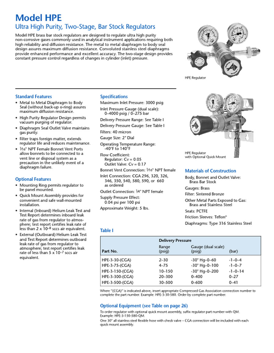 Accurate Gas Products, Regulators, Model HPE, Ultra High Purity, Two-Stage Bar Stock Regulators